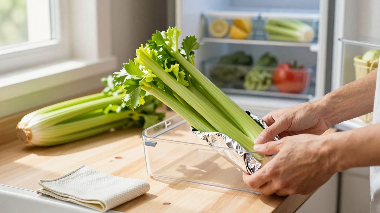 Mãos a colocar talos de aipo embrulhados em papel de alumínio numa gaveta transparente na cozinha.