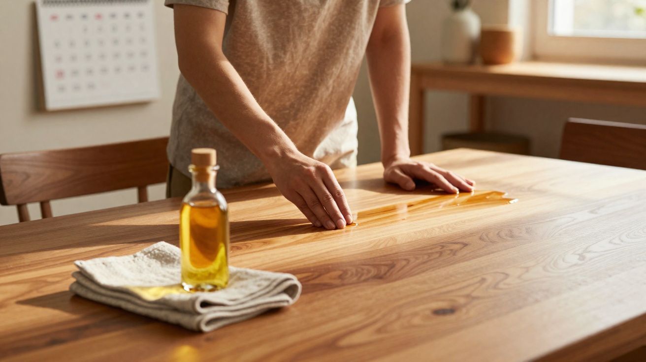 Pessoa a limpar um líquido derramado numa mesa de madeira com um pano no interior de casa.