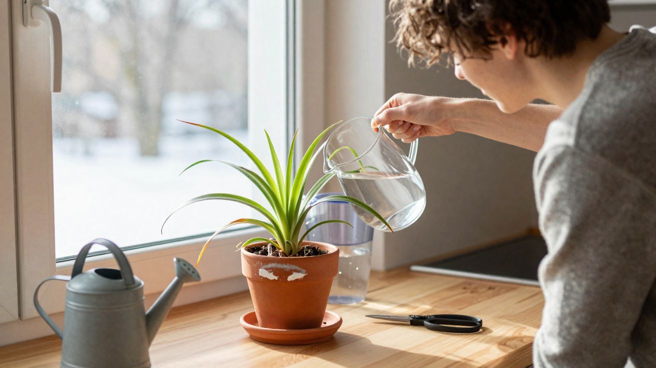 Pessoa a regar planta verde numa jarra transparente junto a uma janela com regador e tesoura numa mesa de madeira.