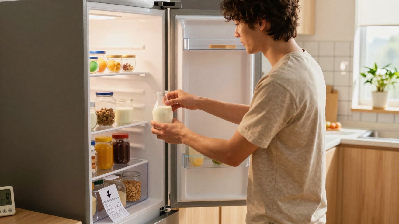 Jovem a retirar um frasco de leite do frigorífico numa cozinha luminosa e moderna.