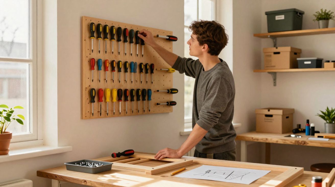 Pessoa a escolher uma chave de fendas num suporte de ferramentas numa oficina bem iluminada.
