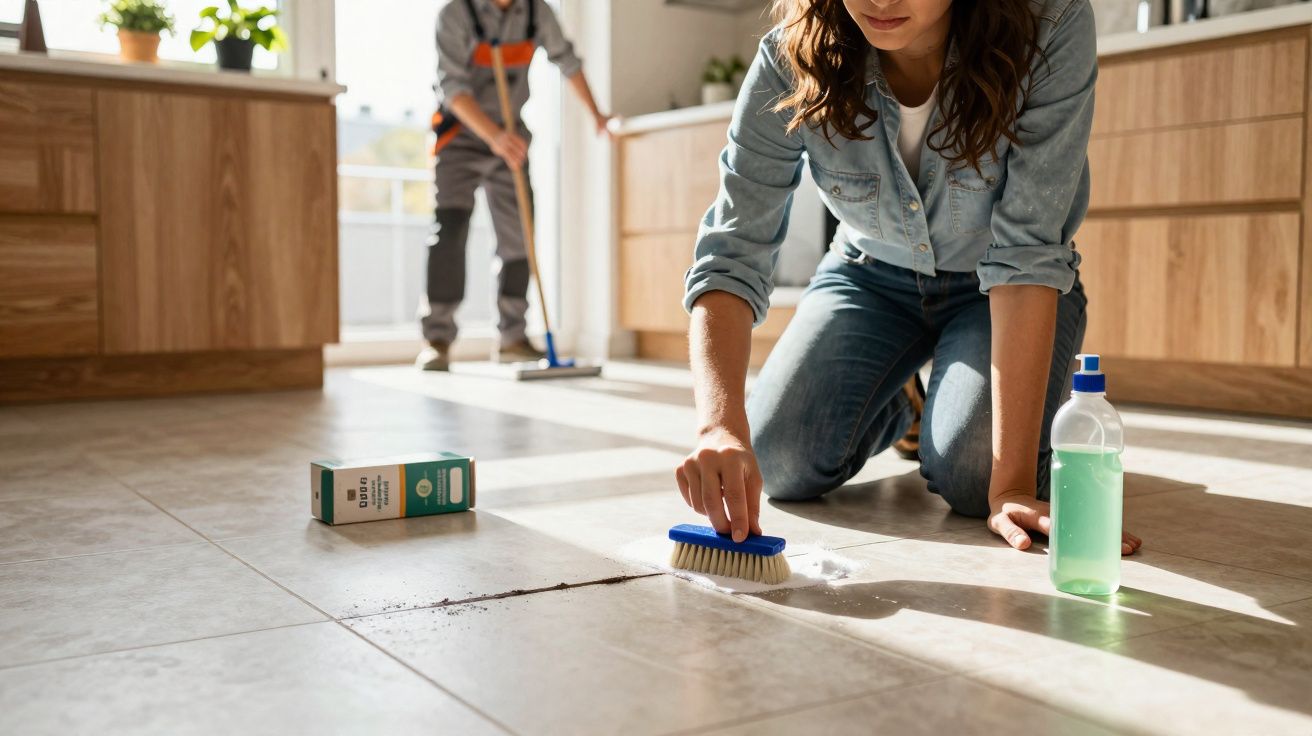 Mulher a limpar chão com escova e detergente, homem a varrer no fundo numa cozinha com luz natural.