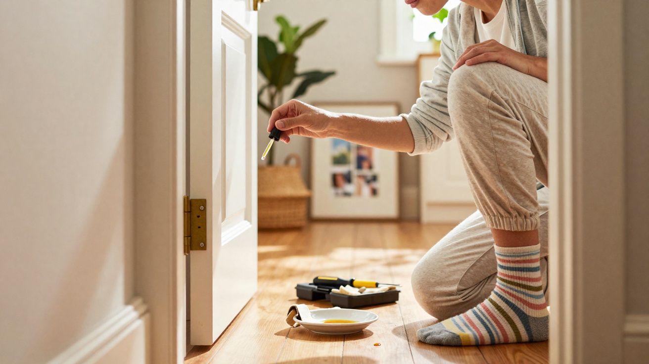 Pessoa a aplicar óleo nas dobradiças de uma porta branca num piso de madeira, em ambiente doméstico.