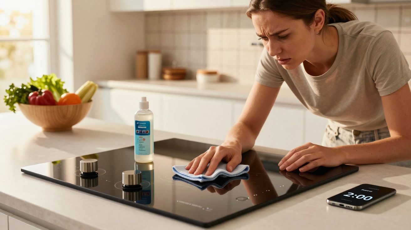 Mulher concentrada a limpar placa vitrocerâmica com um pano azul numa cozinha moderna.