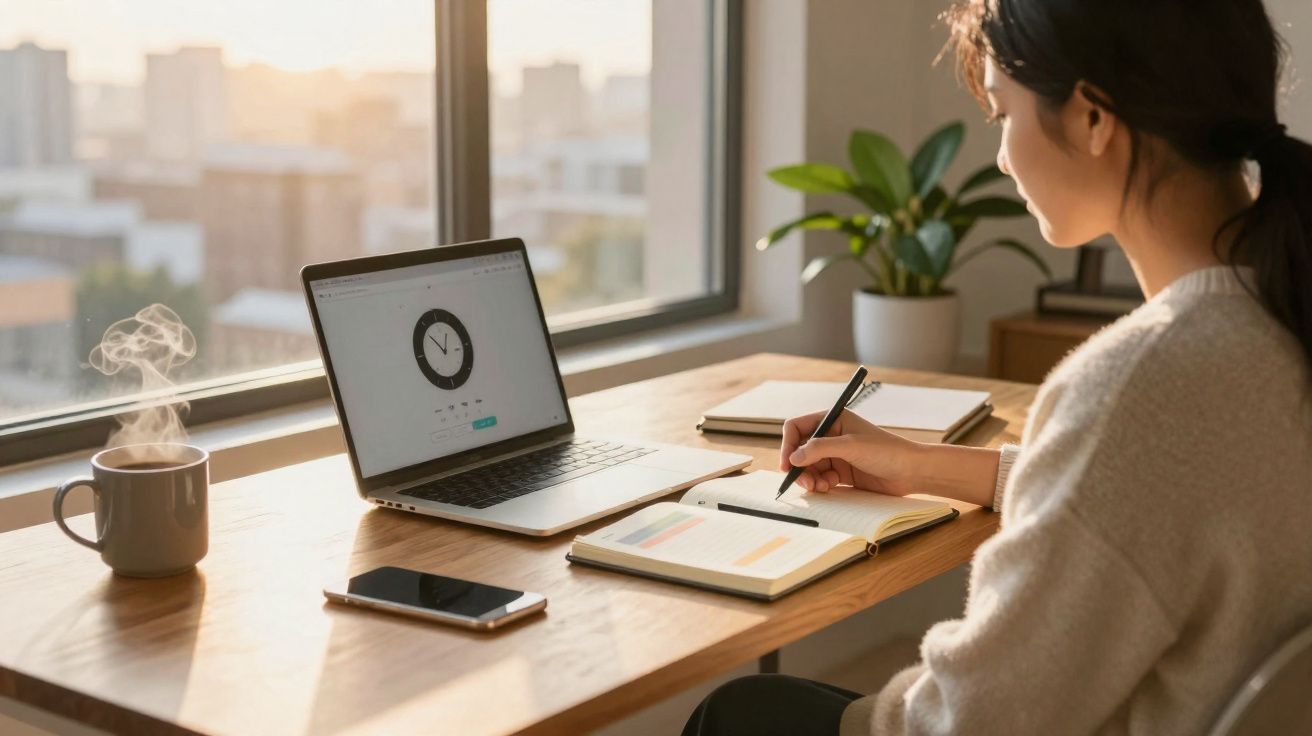 Mulher a escrever num caderno, sentada numa secretária com laptop, smartphone, planta e chá quente junto a uma janela.