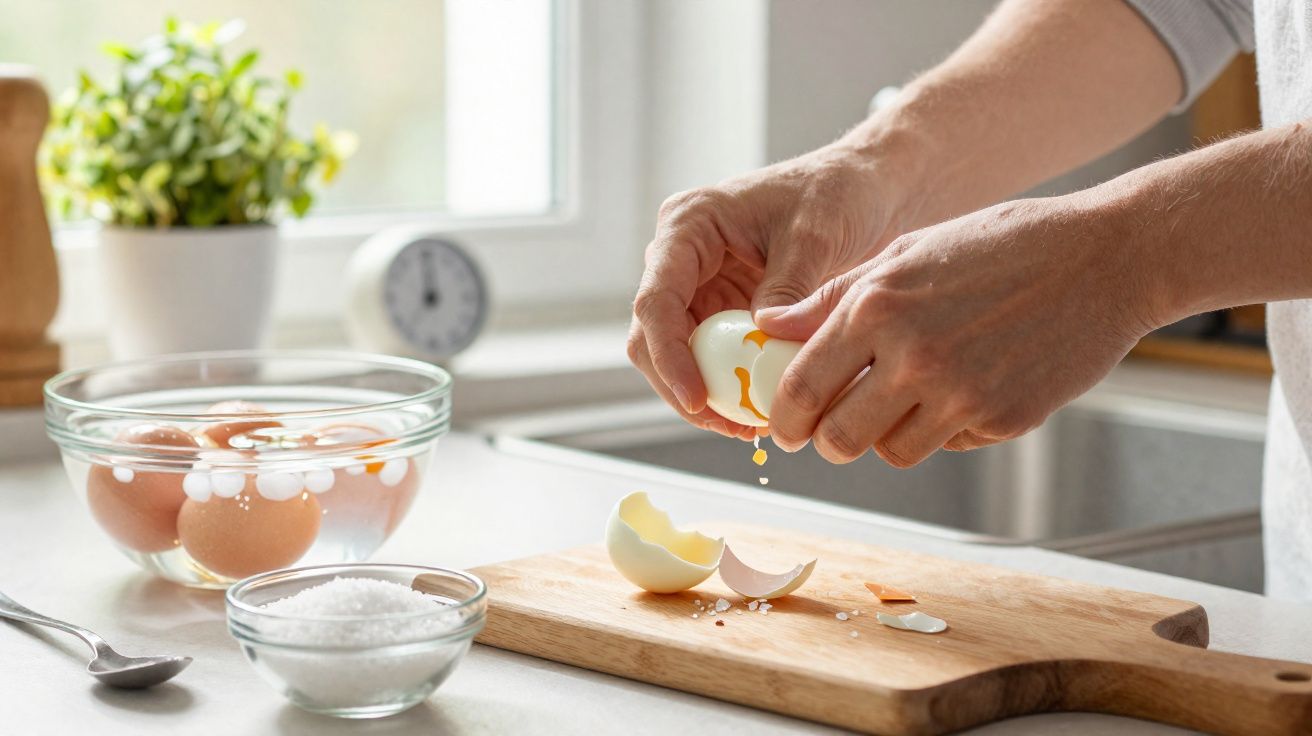 Mãos a partir um ovo sobre uma tábua de madeira, com taças de ovos e sal na bancada da cozinha.