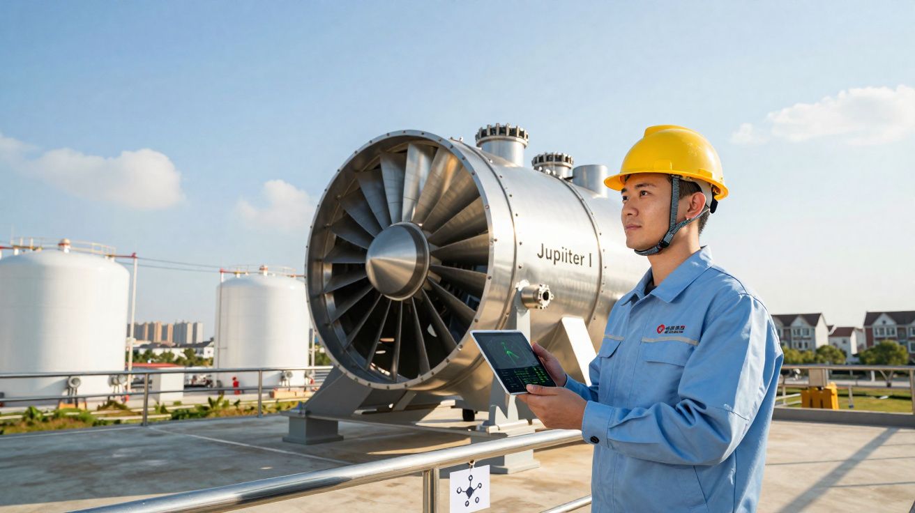 Engenheiro com capacete amarelo a operar turbina industrial exterior com tablet na mão.