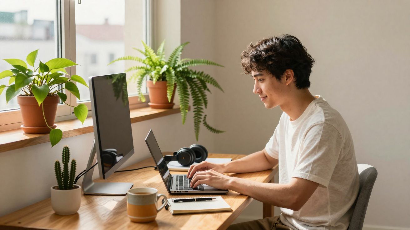 Jovem a trabalhar num computador portátil junto a uma janela com plantas e objetos de escritório numa secretária.