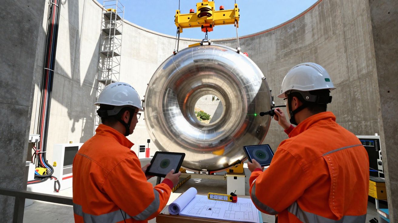 Dois trabalhadores com capacetes e roupas laranja inspecionam uma grande peça metálica circular suspensa.