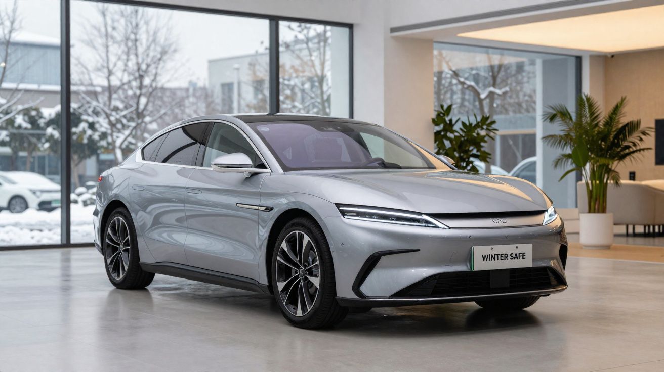 Carro eléctrico moderno cinza estacionado em showroom com janelas amplas, plantas e vista de inverno nevoento.