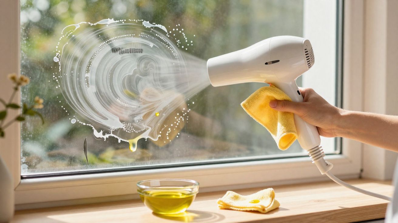 Mão a limpar uma janela com secador de cabelo e pano amarelo, com óleo em recipiente no parapeito.