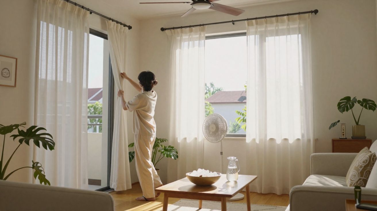 Mulher abre cortinas brancas em sala iluminada com plantas, sofá e mesa de centro de madeira.