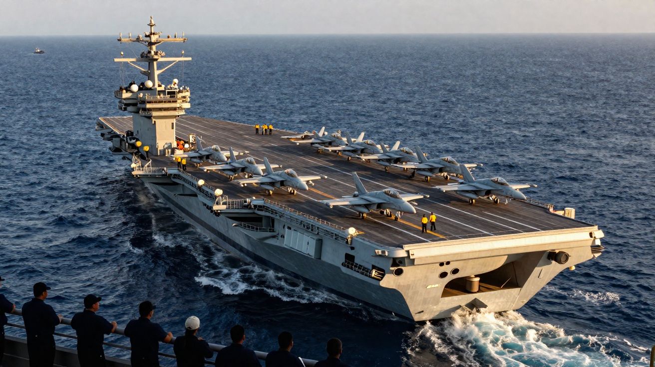 Porta-aviões no mar com vários aviões na pista e marinheiros observando de outra embarcação.