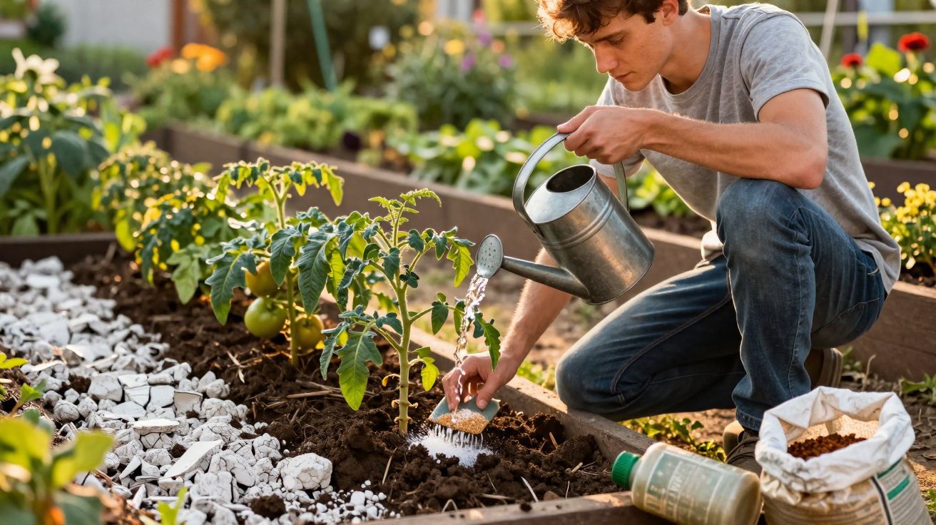 Jovem regando planta de tomate num jardim urbano enquanto prepara solo com fertilizante.