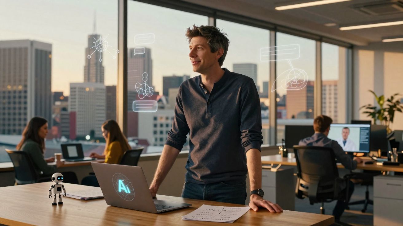 Homem em escritório moderno com laptop com símbolo de IA e colegas a trabalhar ao fundo.