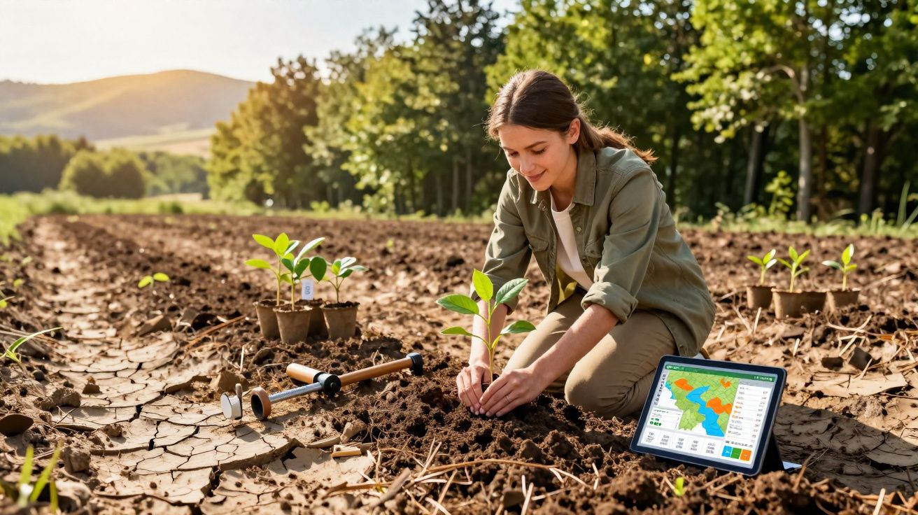 Mulher a plantar uma muda numa horta com tablet a mostrar dados agrícolas ao lado.