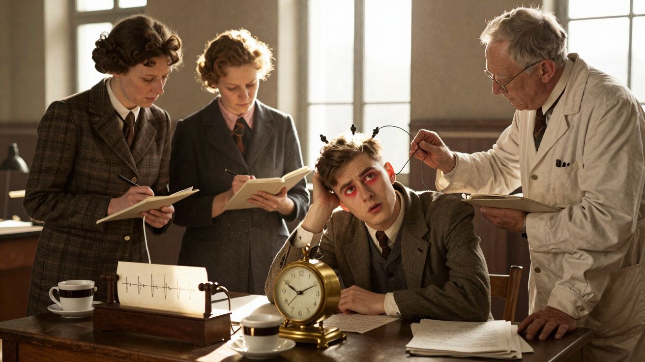 Homem sentado com aparelho na cabeça é observado por cientistas que anotam dados numa sala antiga.