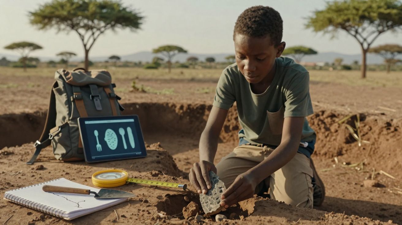 Criança a escavar um sítio arqueológico com ferramentas, tablet e caderno num campo aberto.