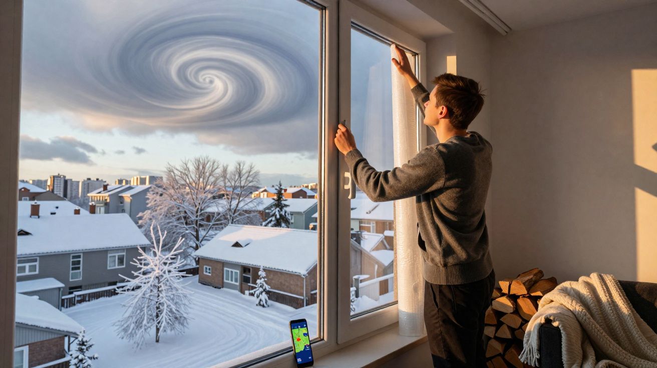 Homem abre cortina para observar céu com nuvem em espiral sobre bairro coberto de neve.