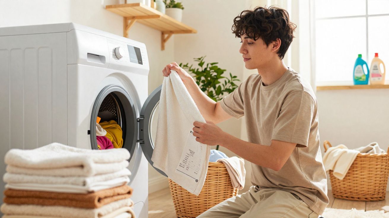 Pessoa a carregar roupa numa máquina de lavar roupa numa divisão iluminada e organizada.