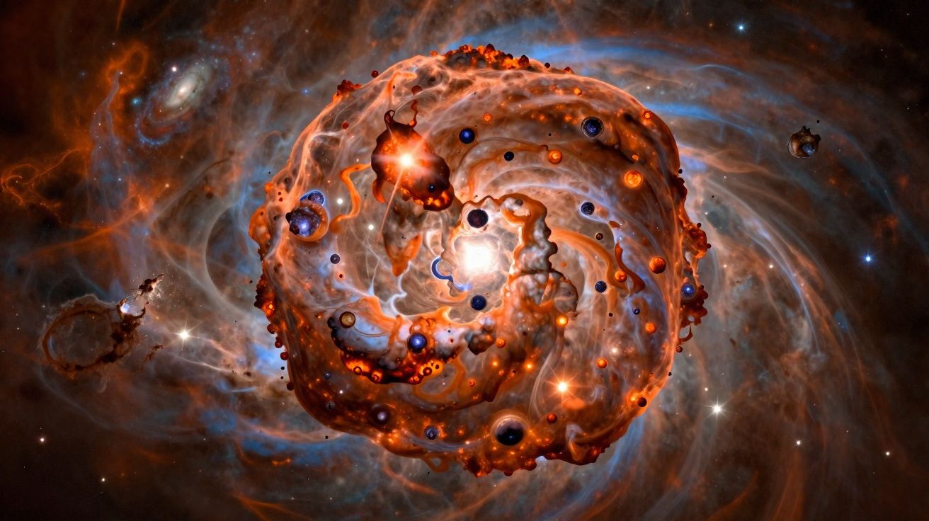 Névoa cósmica espiral com cores laranja, azul e estrelas brilhantes no espaço profundo.