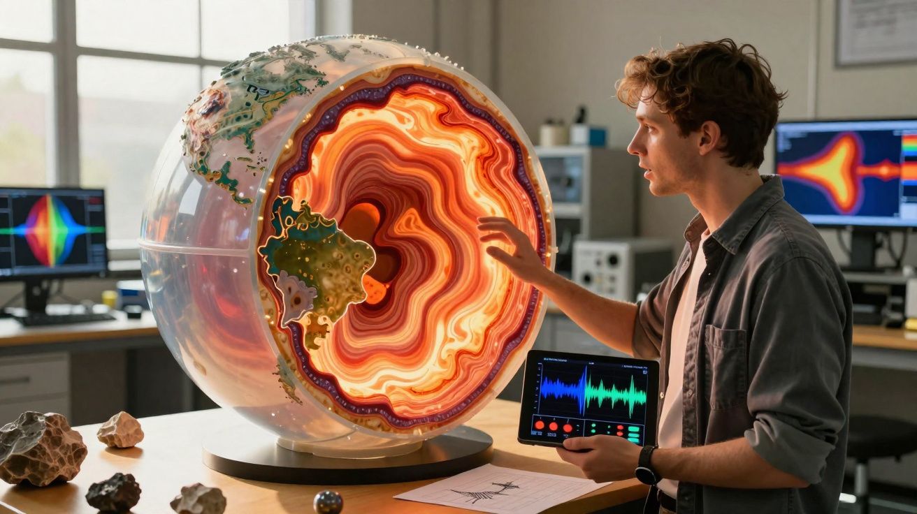 Homem a analisar um modelo iluminado do interior da Terra numa sala de laboratório científica.