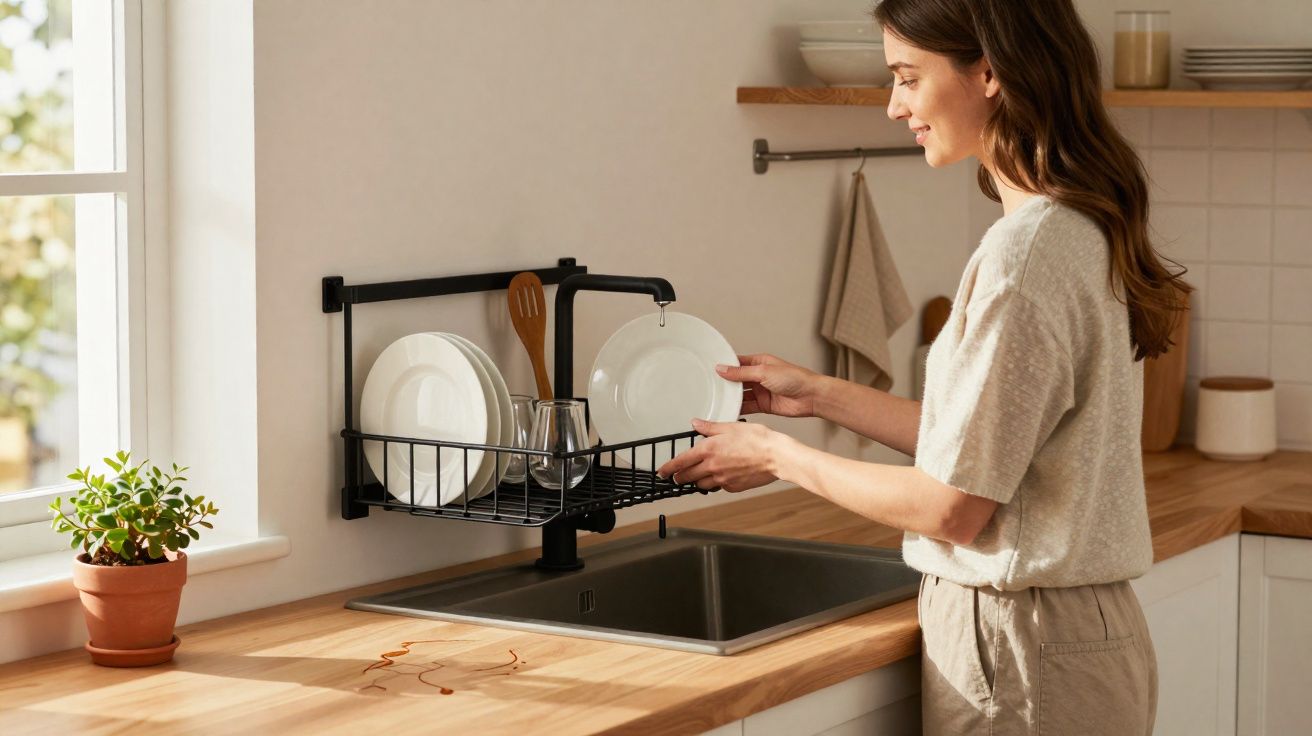 Mulher a secar pratos num escorredor suspenso junto a uma pia numa cozinha iluminada.