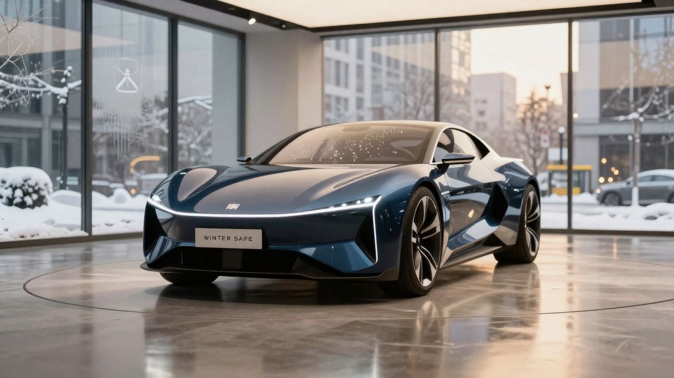 Carro desportivo elétrico azul escuro exposto numa sala com paredes de vidro e neve fora.