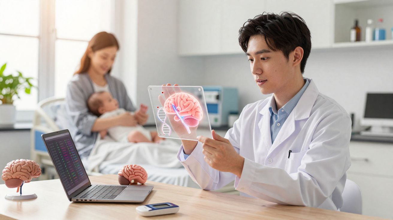 Médico a analisar imagem digital de cérebro, com mãe e bebé no fundo num consultório moderno.