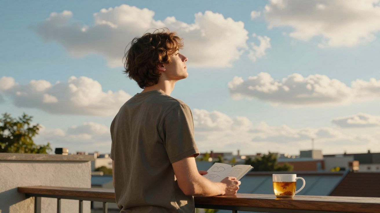 Jovem de perfil num terraço a olhar para o céu com um caderno aberto numa mão e chá numa caneca.
