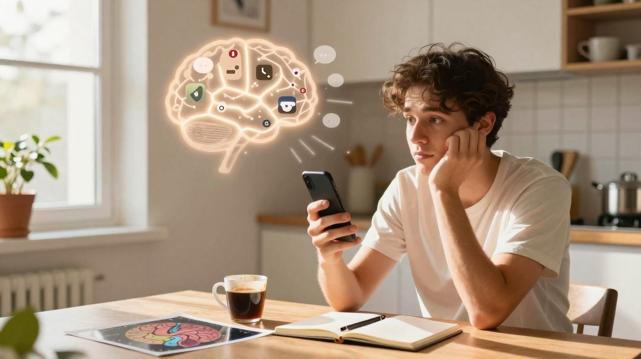Jovem sentado à mesa a olhar para o telemóvel com ilustração digital de cérebro e ícones de notificações.