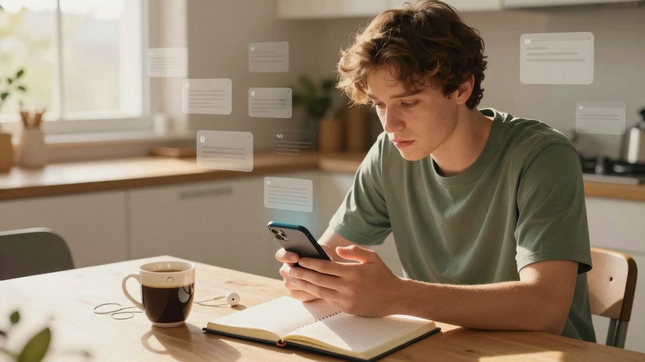 Jovem sentado à mesa a usar telemóvel, com caderno aberto e chá numa chávena, numa cozinha iluminada.