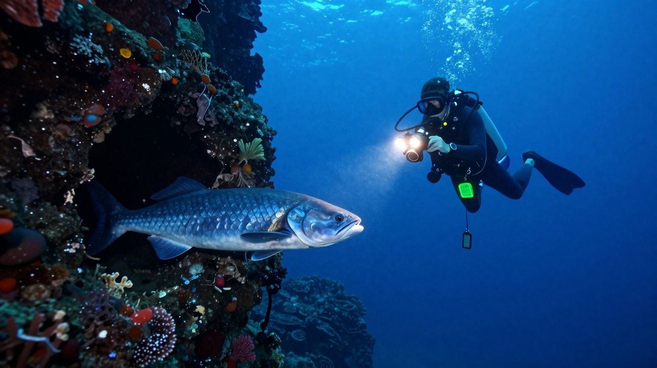 Mergulhador com lanterna observa peixe grande perto de recife colorido no oceano.