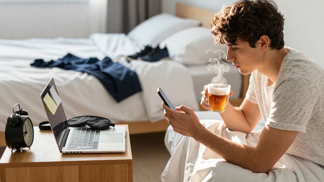 Jovem sentado na cama a olhar para o telemóvel e a beber chá quente num quarto com laptop e despertador na mesa.