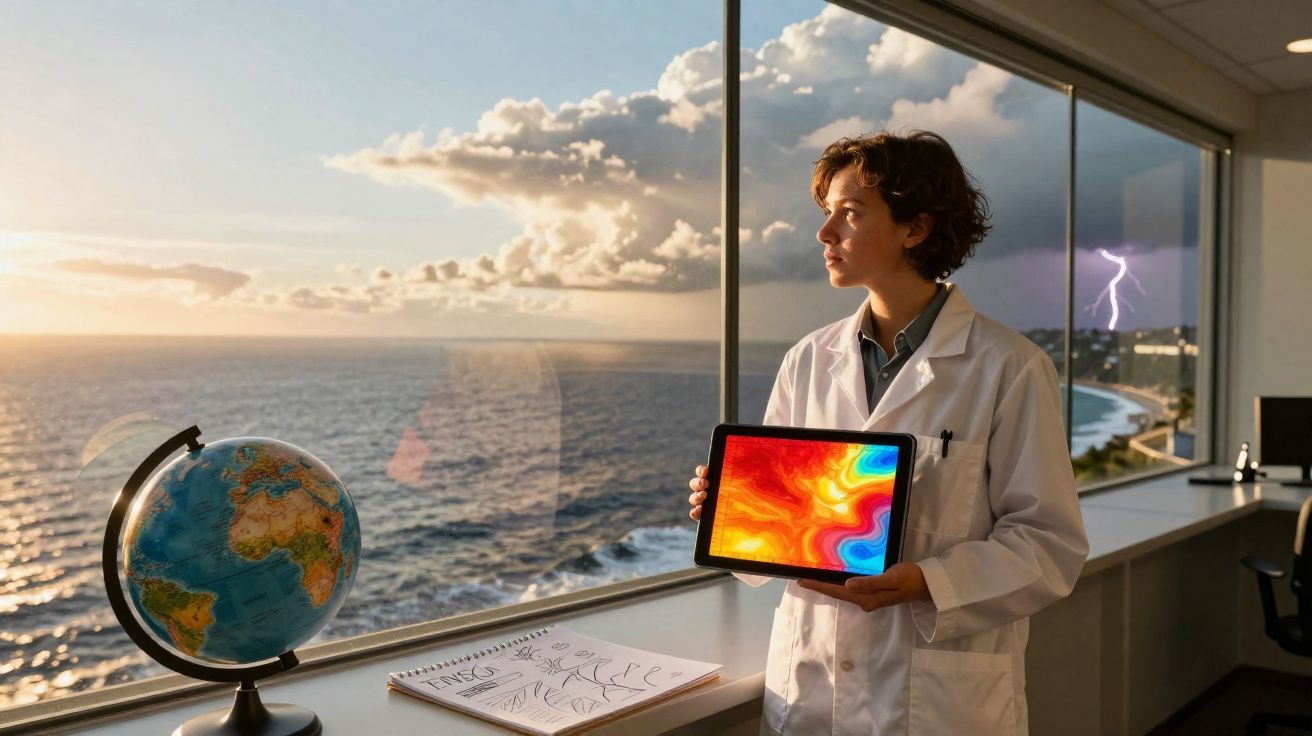 Pessoa com bata branca segura tablet colorido junto a globo terrestre e janela com vista para o oceano e relâmpago.