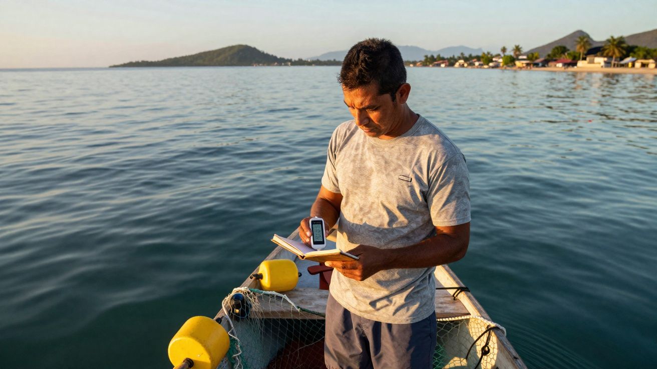 Homem numa pequena embarcação no mar a consultar um dispositivo e a anotar informações num caderno.