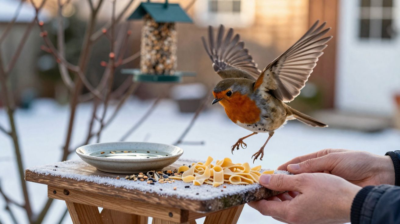 Pássaro a voar para um comedouro com massa e sementes numa mesa de madeira coberta de neve.