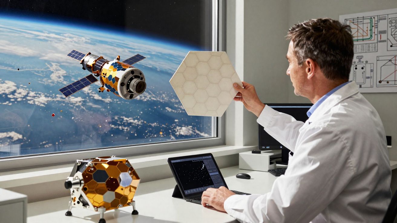 Homem com bata branca analisa peça hexagonal enquanto observa satélites através de janela com vista para o espaço.