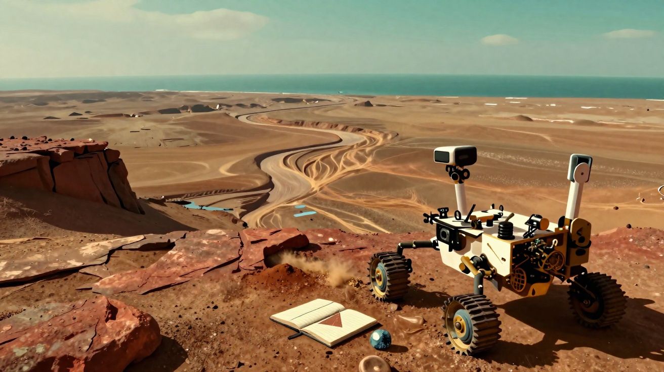 Rover explorador num terreno árido e rochoso com horizonte de deserto e mar ao fundo.