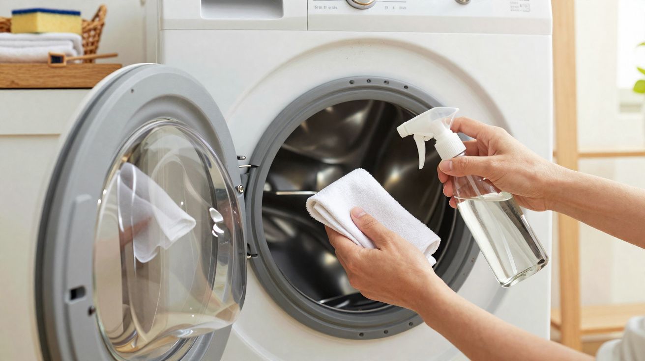 Mãos a limpar o interior da porta de uma máquina de lavar roupa com pano e pulverizador.