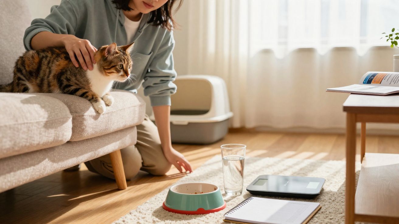 Mulher a cuidar de gato sentado no sofá, com comedouro, água e caderno no chão da sala iluminada.