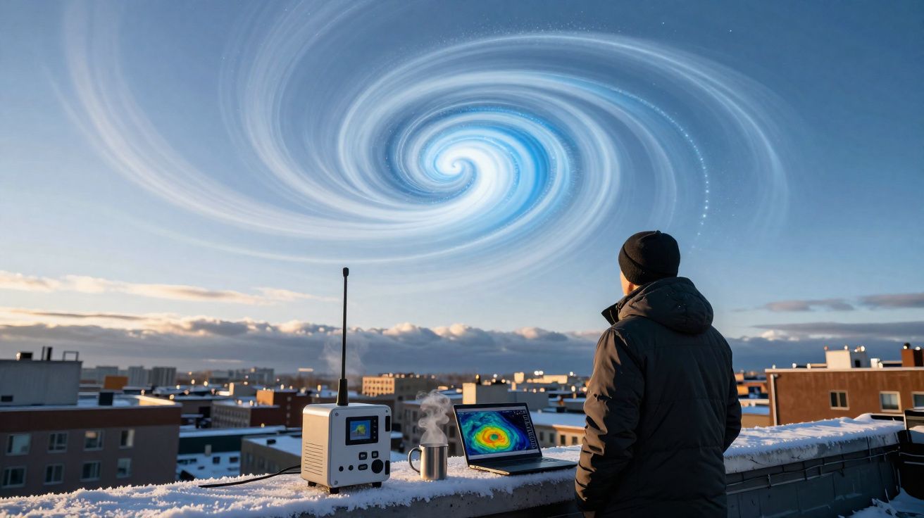 Pessoa de costas observa espiral azul no céu enquanto está numa cobertura com neve e equipamento tecnológico.