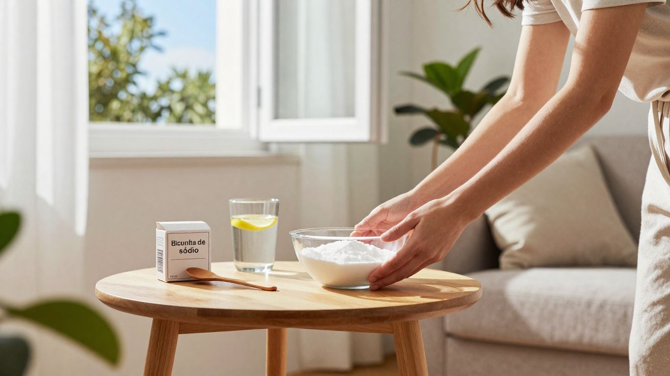 Pessoa a preparar bicarbonato de sódio numa tigela de vidro numa sala com luz natural e planta ao fundo.