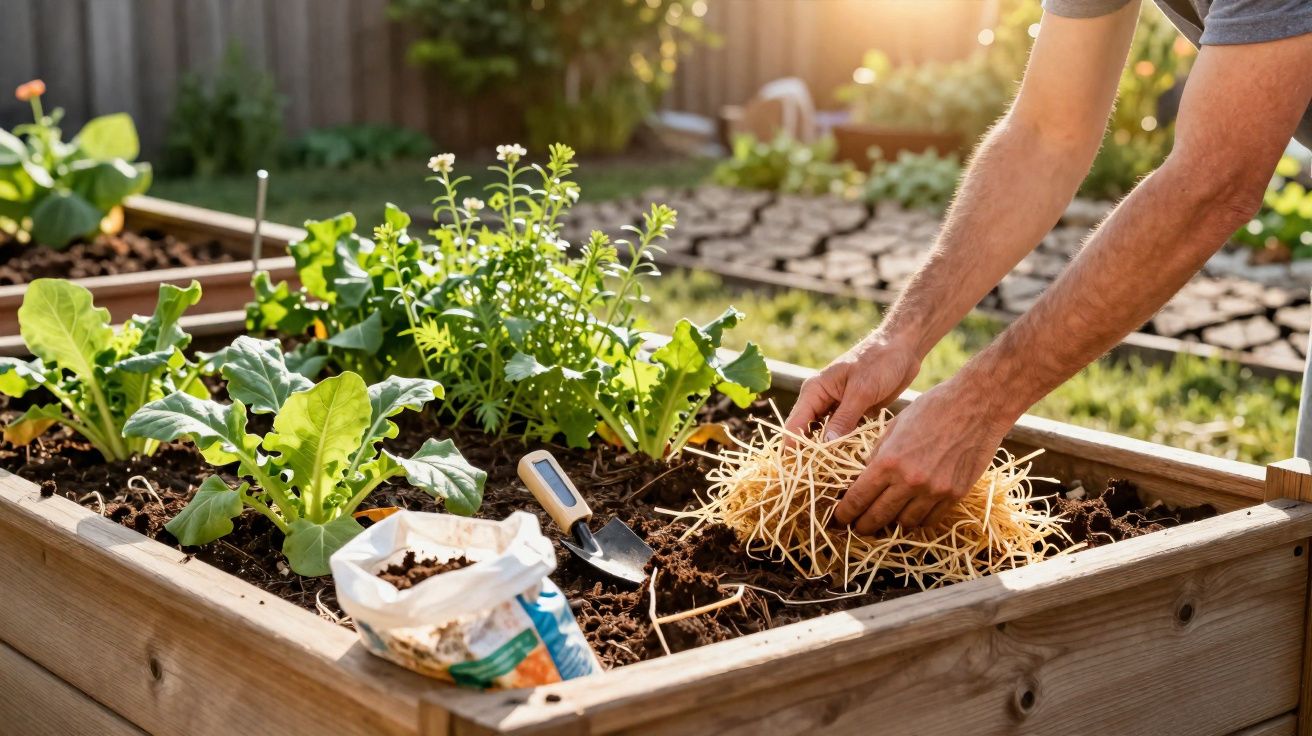 Pessoa a preparar canteiro para plantar, com terra, sementes e plantas verdes num jardim ensolarado.