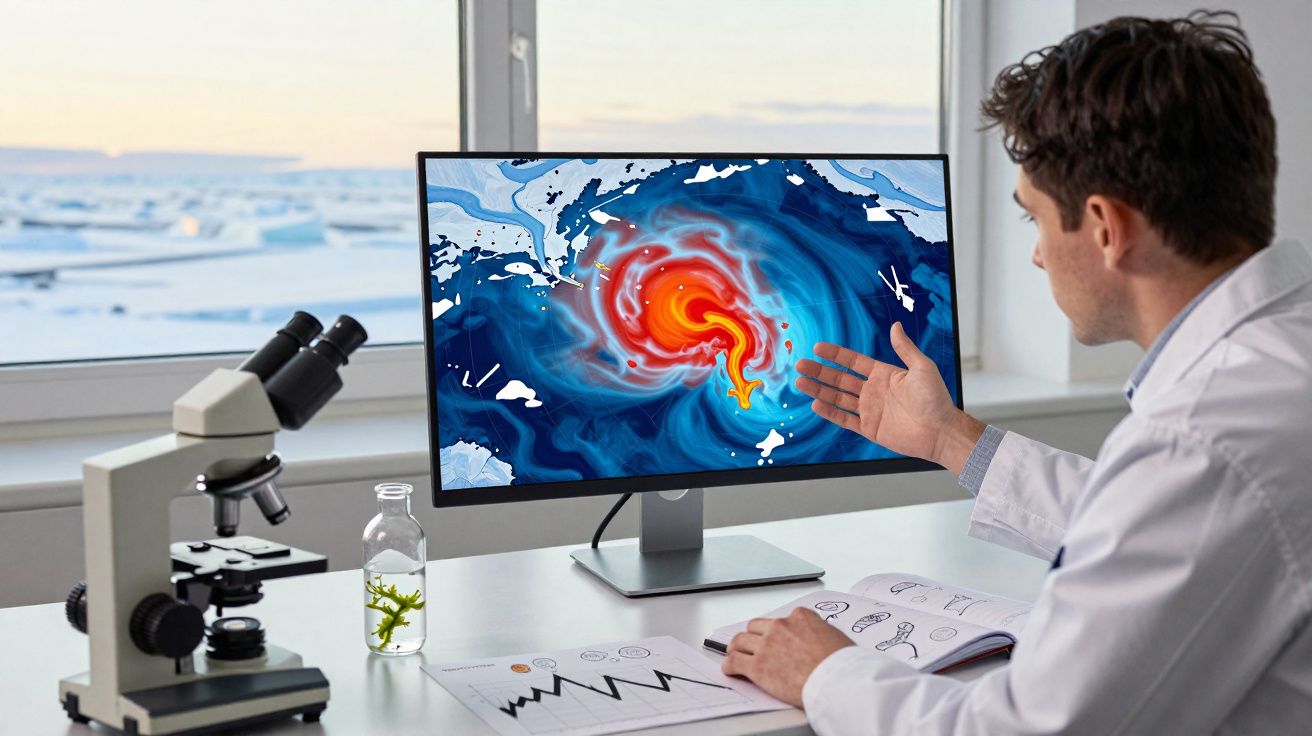 Investigador analisa dados climáticos numa simulação de tempestade no monitor do computador.