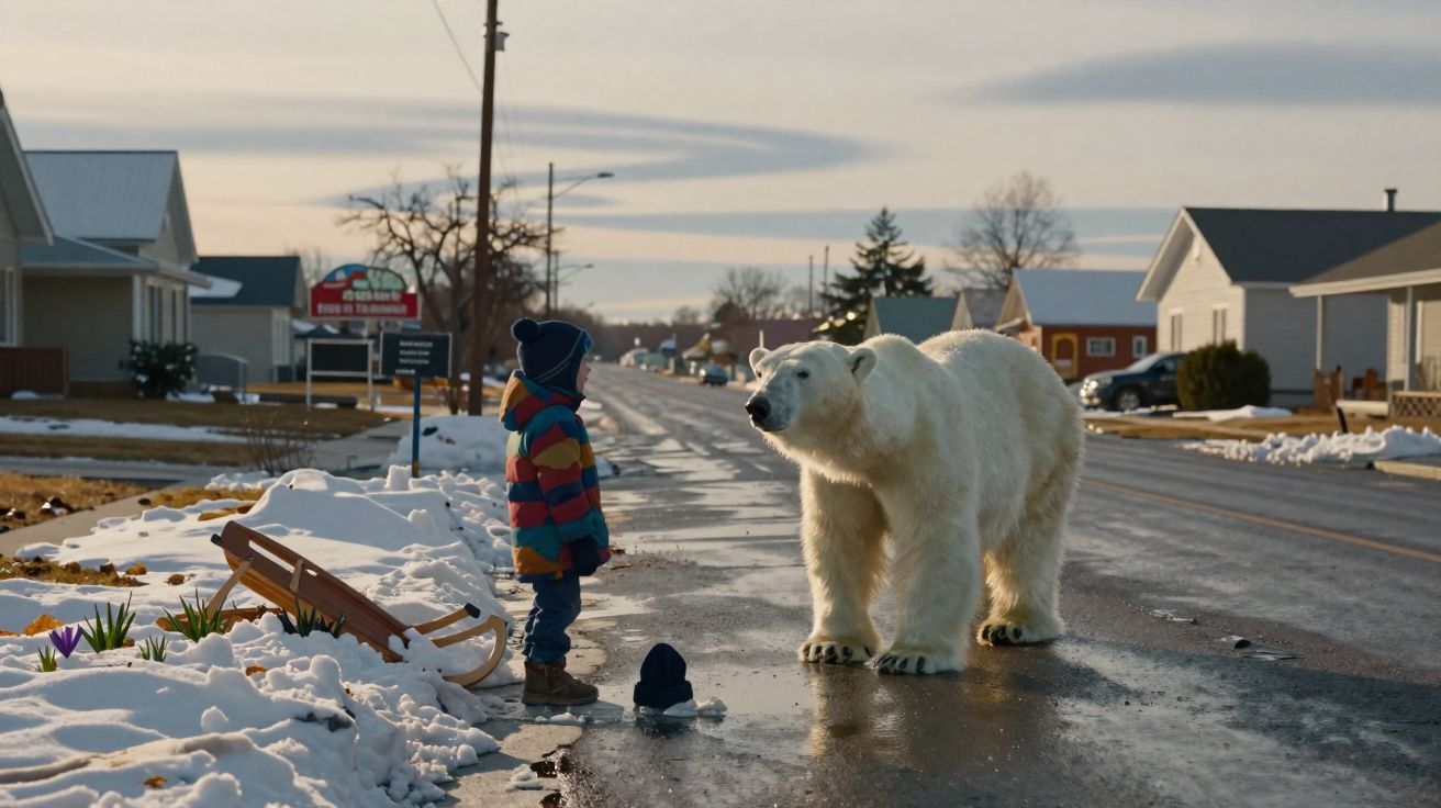 Criança com casaco colorido enfrenta ursos polar numa rua com neve e casas ao anoitecer.