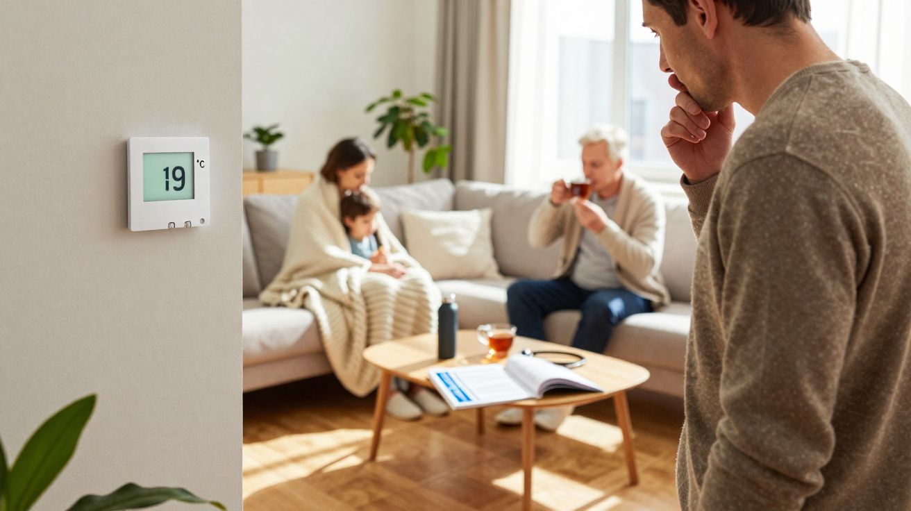 Termóstato a 19°C com família sentada no sofá e homem pensativo junto a mesa de centro.