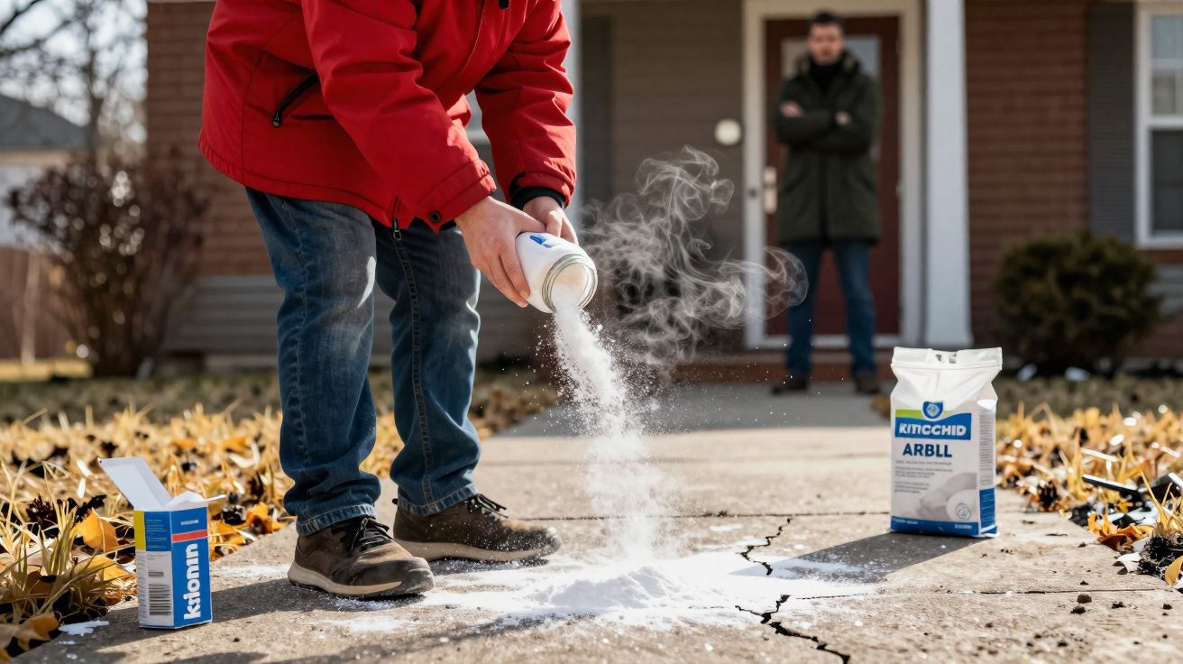 Pessoa a deitar sal para congelar fissura numa calçada, com outra pessoa a observar ao fundo.