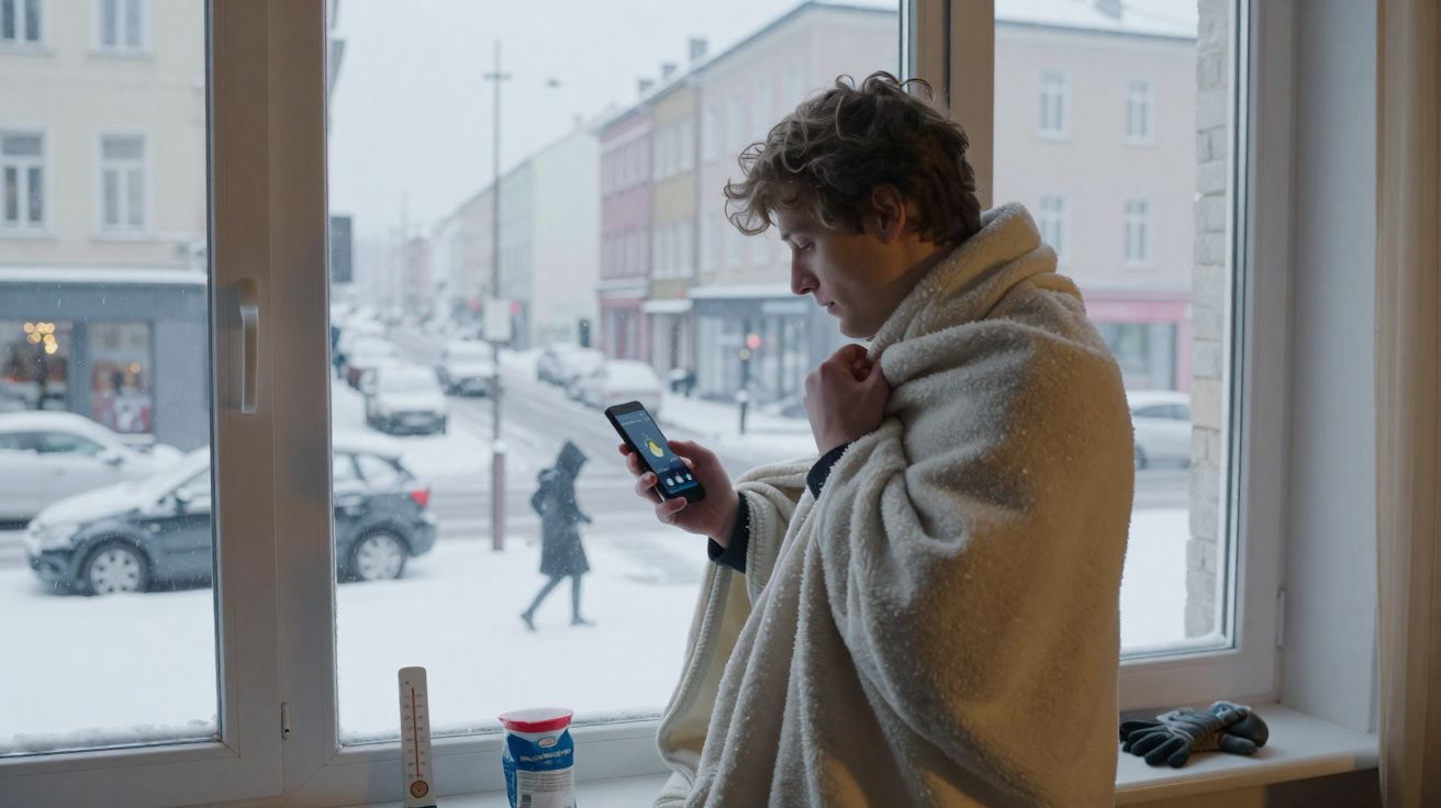 Pessoa enrolada em manta observa telefone junto a janela com vista para rua nevada.