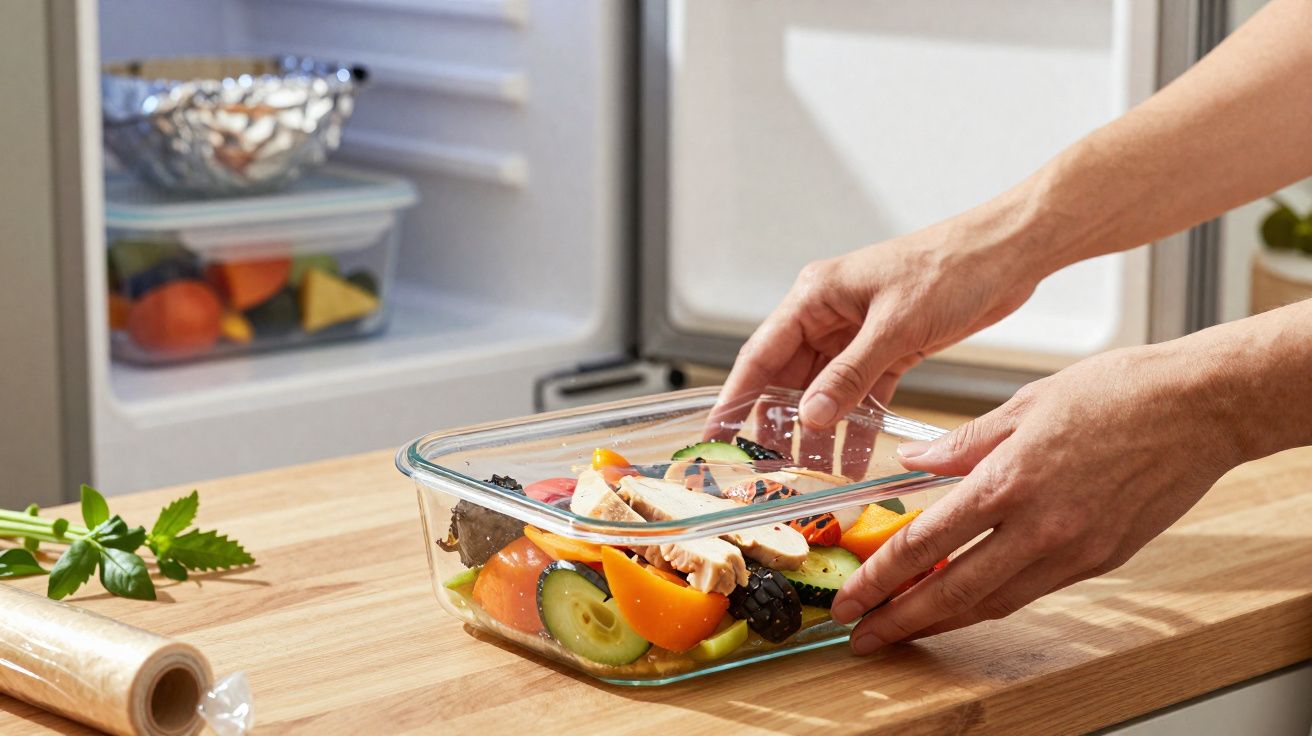 Mãos a colocar recipiente de vidro com legumes cortados numa bancada de cozinha, frigorífico aberto ao fundo.